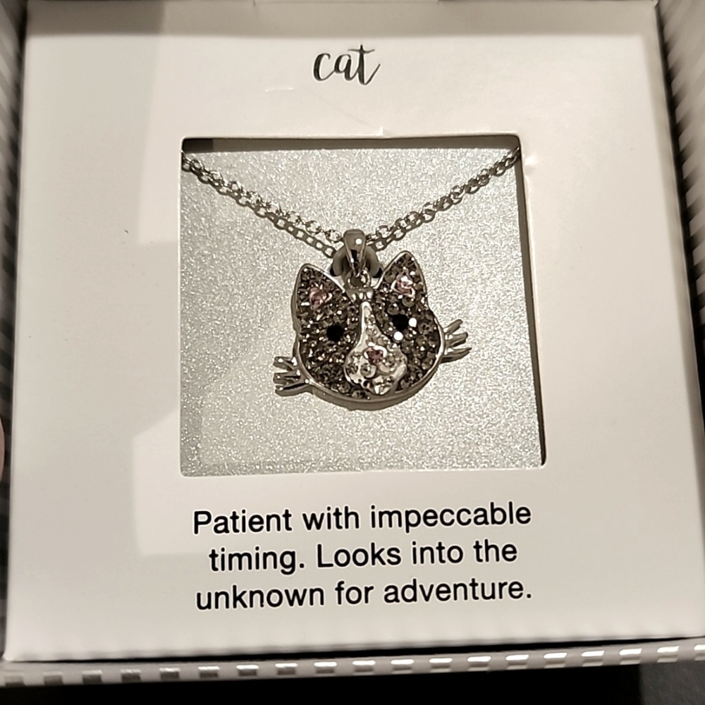 Crystal Cat Pendant Necklace Silver Plated Gray 18 Inch